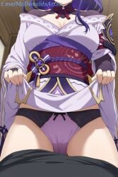 1boy 1boy1girl 1girl 1girl1boy 1girls ai_generated bow bow_panties breasts bridal_gauntlets cleavage clothes_lift commentary_request female female/male genshin_impact head_out_of_frame japanese_clothes kimono kimono_lift lace-trimmed_panties large_breasts lifted_by_self long_hair long_sleeves male/female medium_breasts obi off_shoulder panties purple_hair purple_kimono purple_panties raiden_shogun sash shoulder_armor shrug_(clothing) straight thighs underwear vision_(genshin_impact) wide_sleeves zelanell