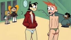 ai_assisted animated brad_carbunkle briefs bulge crossdressing embarrassed_expression embarrassed_underwear_male green_underwear locker my_life_as_a_teenage_robot nervous nervous_male nervous_sweat panties public public_exposure public_humiliation school sheldon_lee striped_panties tagme thong underwear undieboi22 video wedgie
