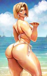 2d ass azuma_yasuo azumaarts big_ass big_breasts bikini blonde_female blonde_hair blue_lipstick blue_nails bob_cut breasts closed_mouth clouds detailed_background earrings emma_frost emma_frost_(marvel_rivals) eyelashes hair_behind_ear legs light-skinned_female light_skin marvel marvel_comics marvel_rivals mature mature_female medium_hair milf sea side_view sky swimsuit thick_legs thick_lips thick_thighs viewed_from_side white_bikini white_clothing x-men