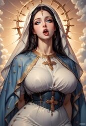1girls ahe_gao ai_generated arms_behind_back artist_name bible black_hair blasphemy blue_eyes breasts catholic catholicism christian christianity cloud cloudy_sky collarbone corset cowboy_shot cross divine divine_slut dress earrings female female female_focus halo holy jewelry large_breasts lips long_hair looking_at_viewer milf nose open_mouth patreon_username pornification religion religious religious_clothing religious_inversion saint sky solo teeth theotokos tongue tongue_out underbust upper_teeth virgin_mary watermark white_dress