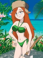 1girls 2019 axe beach belly bikini black_dot_eyes black_eyebrows carlshocker cleavage cowboy_shot deviantart disney disney_channel disney_xd eyebrows_visible_through_hair female flora ginger gravity_falls green_bikini hand_on_hip holding_axe holding_object looking_at_viewer lumberjack_hat medium_breasts meta mouth_closed not_ai_generated not_porn ocean orange_hair_female perky_breasts posing redhead sand smile_at_viewer smiling_at_viewer summer teenager thin_waist tomboy tropical_setting tummy walt_disney_animation_studios walt_disney_television water wendy_corduroy wool_hat