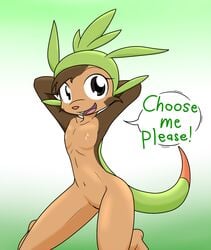 1girl anthro areola armpits brown_fur chespin dialogue eyelashes female flat_chested fur grey_eyes hands_behind_head kneeling looking_at_viewer navel nintendo nipples open_mouth pokemon simple_background slim smile solo teeth text theoretical-chaos tongue video_games