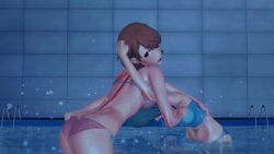 2girls 3d blue_hair brown_hair catfight female fight fuuka_yamagishi guestyuri koikatsu persona persona_3 pool short_hair swimsuit tagme wrestling yukari_takeba yuri
