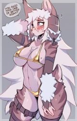 2025 anthro big_breasts bikini biped border breasts brown_body brown_collar brown_fur brown_stripes chest_tuft cleavage clothed clothing collar countershade_face countershade_fur countershade_torso countershading digital_media_(artwork) english_text eyebrows eyelashes felid feline female fur gold_bikini golden_week grey_background grey_border hi_res long_hair lynx mammal mayrin_(artist) pink_eyes rachel_(mayrin) scut_tail shaded short_tail simple_background solo speech_bubble striped_body striped_fur stripes swimwear tail text trapper_hat tuft two-piece_swimsuit white_hair