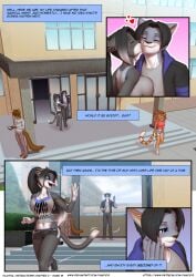 amanda_(smile4amanda) anthro black_hair blue_eyes comic domestic_cat english_text furry furry_only gojiro_(character) gradient_hair huge_breasts jogging kissing narration original page_16 pak009 ponytail sports_bra sportswear