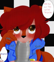 animatronic anthro blush brown_eyes color comic cute dark_background discordmelody disembodied_penis duo english_text fellatio female five_nights_at_freddy's foxy_(fnaf) freckles hair jasmine_ivory machine male mammal mechanical metal oral penis red_hair robot rodent security sex squirrel straight text thick_penis