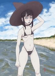 beach bikini caynilart choker dark_lipstick female goth goth_girl hat lipstick nail_polish original pale-skinned_female pale_skin ribs small_breasts solo_female solo_focus wet wet_body wet_skin wizard_hat