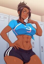 1futa 2d abs ai_generated anasheya_(style) black_hair black_hair_brown_eyes black_shorts blondshell blue_crop_top blue_shirt brown_eyes bulge bulge_through_clothing bulge_through_short bulge_under_clothes buruma civitai crop_top dark-skinned_futanari dark_skin futa_only futanari hand_on_hip intersex locker_room looking_at_viewer midriff muscular muscular_futanari navel original_character shirt short_hair short_shorts short_sleeves shorts smirk smirking_at_viewer solo standing t-shirt v-neck_shirt volleyball_uniform