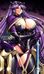 1girls alternate_costume armour axe bare_thighs battle_axe between_breasts black_panties breasts camilla_(fire_emblem) camilla_(fire_emblem)_(cosplay) cleavage cosplay crossover female fire_emblem fire_emblem_fates horns huge_breasts inner_thighs jadenkaiba kid_icarus kid_icarus_uprising long_hair nintendo palutena panties photoshop purple_eyes purple_hair solo suggestive_look third-party_edit very_long_hair watermark weapon