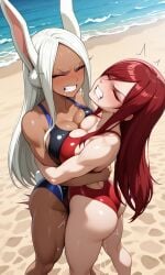 2girls ai_generated beach bearhug breasts_pressed_against_partner bunny_ears catfight competitive dark_skin erza_scarlet fairy_tail female miruko my_hero_academia red_hair rumi_usagiyama sexfight struggling swimsuit swimwear yuri