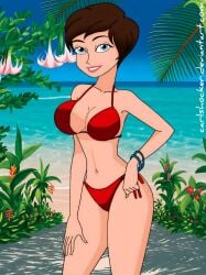 2020 beach belly black_eyebrows blue_bracelets blue_eyes brown_hair_female carlshocker deviantart dreamworks dreamworks_animation hand_on_leg megamind meta not_ai_generated not_porn paramount_pictures pink_lipstick red_bikini roxanne_ritchi tummy