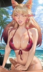 ahri ahri_(league_of_legends) ai_generated beach big_breasts bikini female handjob league_of_legends