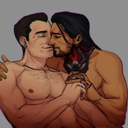 2021 2boys arasaka asian asian_male black_hair cd_projekt_red chest_hair closed_eyes cyberpunk_2077 earrings facial_hair gay gay_male goro_takemura holding_hands inaamadas kissing light-skinned_male light_skin long_hair male male/male male_only naked naked_male nipples no_visible_genitalia nude nude_male ring simple_background viktor_vektor yaoi