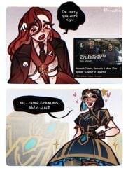 2girls apologizing art_deco black_hair blazer blue_eyes blue_hair business_attire business_woman crying crying_with_eyes_open female forgiveness hair_ornament hearts_around_head hextech_chest kneeling poro_(league_of_legends) red_eyes red_hair riot_games symbol-shaped_pupils tears tie toxic_yuri vest yuri