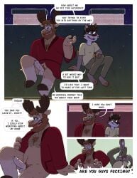 anthro antlers arm_hair balls barefoot bathrobe bathrobe_only beard body_hair bottomwear canid canine canis chest_hair clothed clothing comic deer dialogue duo english_text erection eyewear facial_hair feet foreskin genitals glasses hi_res hooves horn leg_hair leo_(nardodraws) male male/male mammal moose nardodraws navel new_world_deer night nipples on_roof open_clothing open_mouth open_robe open_smile pants penis pubes robe shirt sitting sky smile speech_bubble star starry_sky surprised_expression text tom_(nardodraws) topwear uncircumcised wolf