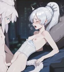 ai_generated black_mask blue_eyes blush cat_ears cat_tail colored_eyelashes deux_murasame dildo_under_mask freckles futa_on_female grey_hair gundam gundam_gquuuuuux hair_bun highres long_hair male mask masked mouth_mask nimona1491_(artist) penis petite purple_pupils rwby shoulder_blades simple_background small_penis updo vaginal_penetration weiss_schnee white_background white_eyelashes white_hai
