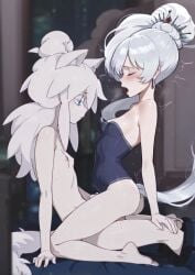 ai_generated black_mask blue_eyes blush cat_ears cat_tail colored_eyelashes deux_murasame dildo_under_mask freckles futa_on_female grey_hair gundam gundam_gquuuuuux hair_bun highres long_hair male mask masked mouth_mask nimona1491_(artist) penis petite purple_pupils rwby shoulder_blades simple_background small_penis updo vaginal_penetration weiss_schnee white_background white_eyelashes white_hair