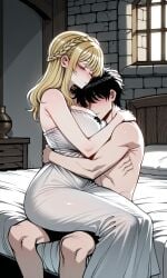 ai_generated bedroom big_breasts black_hair blonde_hair crown_braid elden_ring fromsoftware hugging needle_knight_leda nightgown shadow_of_the_erdtree tarnished wholesome