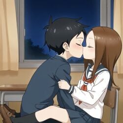 ai_generated classroom couple couple_(romantic) couple_love karakai_jouzu_no_takagi-san kissing nai_diffusion night nishikata school_uniform takagi-san wholesome