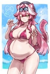 1girls :3 animal_ears bare_shoulders big_breasts bikini breasts chattino_(raora_panthera) cleavage female female_only goggles_on_head hat hips hololive hololive_english hololive_english_-justice- kemonomimi light-skinned_female light_skin navel one_eye_closed paw_pose pink_bikini pink_swimsuit posing pregnancy pregnant pregnant_belly pregnant_female raora_panthera rotomdocs solo standing stomach swimsuit tail thighs virtual_youtuber waist yellow_eyes