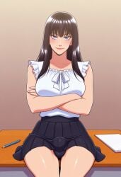1futa 2d ai_generated anasheya_(style) bangs black_hair black_skirt blondshell blue_eyes civitai collarbone desk erection_under_clothes futa_only futanari large_breasts light-skinned_futanari light_skin lips looking_at_viewer pleated_skirt school_desk sitting sitting_on_desk sleeveless sleeveless_shirt smile solo straight_hair white_shirt