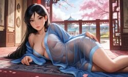 ai_generated asian breasts chinese disney disney_princess fa_mulan lying_on_side mulan mulan_(1998_film) nipple_slip nipples no_bra no_panties off_shoulder robe robe_only see-through_clothing temple transparent_clothing