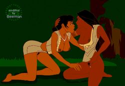 2girls beerman brown_skin clothes clothing dark-skinned_female dark_skin disney disney_princess dress female female_only gif human multiple_females multiple_girls nakoma native_american nipples pocahontas pocahontas_(character) pubic_hair skirt static_gif yuri