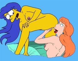 2d 2d_(artwork) 2d_artwork 2girls bare_arms bare_ass bare_back bare_breasts bare_chest bare_legs bare_midriff bare_shoulders bare_thighs barefoot bed bedroom blue_hair breasts color completely_naked completely_naked_female completely_nude completely_nude_female crossover eyelashes eyes eyes_open family_guy female female_focus female_only hair human human_female human_focus human_only karstens lipstick lois_griffin long_hair marge_simpson mouth mouth_open multiple_females multiple_girls naked naked_female nipples no_bra no_clothes no_clothing no_panties no_underwear not_furry nude nude_female open_eyes open_mouth orange_hair pink_nipples red_lipstick tagme the_simpsons uncensored yellow_body yellow_skin yuri