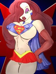 arm_gloves cape cosplay crossover_cosplay disney earrings erect_nipples_under_clothes female female_only green_eyes hair_over_one_eye human jessica_rabbit lipstick long_hair long_red_hair looking_at_viewer miniskirt nipples pussy red_hair solo supergirl_(cosplay) wcpope who_framed_roger_rabbit