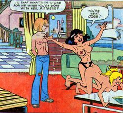 3girls archie_comics ass betty_and_veronica betty_cooper breasts dialogue female female_only hanna-barbera josie_and_the_pussycats josie_mcoy kentoons multiple_girls nipples sex speech_bubble strap-on topless veronica_lodge yuri