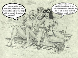 1boy 2girls archie_andrews archie_comics areolae beach betty_and_veronica betty_cooper big_breasts black_hair blonde_hair breasts dialogue english_text female groping_breast imminent_sex imminent_threesome male monochrome nipples ot3 red_hair straight throuple veronica_lodge