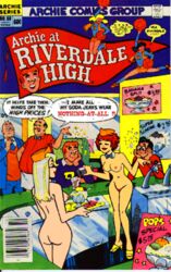 2girls 4boys apron archie_andrews archie_comics balding betty_cooper black_hair bowtie cap clothed_male_nude_female dazed dilton_doiley food ginger_hair glasses ice_cream kentoons platinum_blonde_hair pop_tate poster_(object) pouring public_nudity red_hair terry_tate tray veronica_lodge waldo_weatherbee