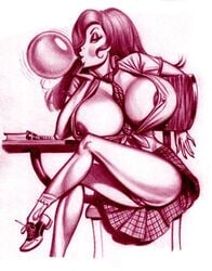 2005 areola big_breasts blowing_bubblegum bubblegum cleavage desk disney eyeshadow female female_only hair_over_one_eye human jessica_rabbit julius_zimmerman long_hair monochrome nipples school_uniform sitting sitting_at_desk solo unbuttoned_shirt who_framed_roger_rabbit