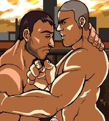 2boys brucie_kibbutz color grand_theft_auto grand_theft_auto_iv hand_on_neck industrial industrial_background intimate male male/male male_only muscular_male naked niko_bellic pixel_art revolution sad