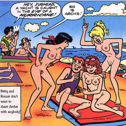 3boys 3girls angry archie_andrews archie_comics areolae beach betty_and_veronica betty_cooper black_hair blonde_hair bottomless breasts brown_hair dilton_doiley erect_nipples flaccid jughead_jones kentoons kiss_mark nude penis puberty pubic_hair pussy veronica_lodge