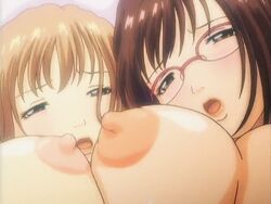 2girls animated animated_gif bouncing_breasts breasts fusano_fumie fusano_tomoka glasses huge_breasts milk_junkies_2 multiple_girls nipples screencap screenshot siblings sisters teacher yuri