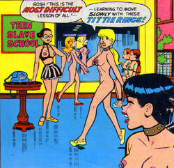 5girls archie_comics betty_cooper black_hair blonde_hair bondage breasts female female_only kentoons multiple_girls nipple_rings nipples nude slave training veronica_lodge