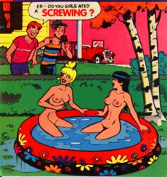 2boys 2girls archie_andrews archie_comics betty_and_veronica betty_cooper black_hair blonde_hair clothed_male_nude_female eating erect_nipples ginger_hair hat hedge inviting_to_sex jalopy jughead_jones kentoons nude_edit popsicle public_nudity shorts swimming_pool tank_top trees veronica_lodge