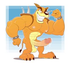 anthro anti_dev balls biceps crash_(series) erection flexing fur furry furry_only gay male male_nipples male_on_male male_only mammal muscular_male nude_male penis precum thylacine tiny_tiger video_games yaoi