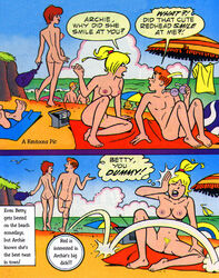 1boy 2girls archie_andrews archie_comics beach beach_towel beach_umbrella betty_cooper blonde_hair brown_hair closed_eyes erect_nipples ginger_hair kentoons multiple_boys multiple_girls nude nude_beach public_nudity radio red_hair slapping spread_legs sunglasses_removed tinted_eyewear