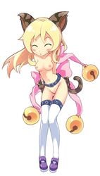 beige_skin blonde_hair blush breasts cat_(trickster) closed_eyes color female female_only front_view fur furry_ears hair humanoid kemonomimi leaning_forward long_hair nipples nude pointy_ears solo tail thighhighs trickster trickster_online white_legwear