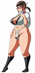 1futa bangs bar_censor big_breasts blush breasts brown_hair bulge censored clothed clothing flaccid fundoshi futa_only futanari glasses happi human light-skinned_futanari light_skin loincloth partially_clothed phone regiman short_hair solo source_request standing yamakasa