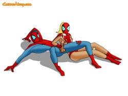 1boy 1girls arachne_(marvel) blonde_hair blue_clothing bodysuit breasts breasts_out cartoonvalley.com clothing_aside color cum dark-skinned_female dark-skinned_male dark_skin duo ejaculation female full_body genitals gloves hair handjob helg holding human human_only julia_carpenter leg_grab long_gloves long_hair madame_web male marvel marvel_comics mask nipples penis penis_out peter_parker plain_background ponytail red_clothing shadow side_view sitting small_breasts spider-man spider-man_(series) spider-woman straight testicles url white_background