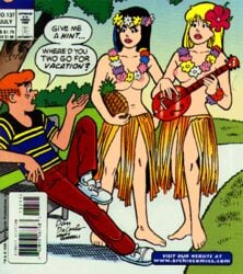 2girls archie_andrews archie_comics betty_and_veronica betty_cooper black_hair blonde_hair breasts casual female human kentoons male neckwear pale_skin public topless ukulele veronica_lodge wristwear