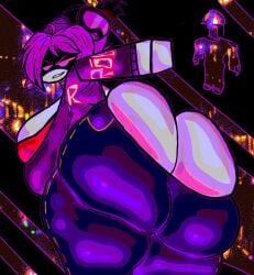 1girls ass ass_bigger_than_head ass_crack big_ass big_breasts blocky_body breasts bubble_butt builderman builderman_(cosplay) clothed clothing female female_only jeans looking_at_viewer looking_back murder_drones reference_image roblox robloxian skullvert smirk smirking_at_viewer uzi_(murder_drones)