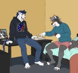 4_toes 5_fingers animal_genitalia animal_penis anthro balls bed black_body black_fur blue_body blue_eyes blue_fur blush blush_lines bodily_fluids body_hair book bottomwear canid canine canine_genitalia canine_penis canis chest_hair claws clothing computer cum cum_drip cum_in_ass cum_inside cumshot damon_(karlwolf) denim denim_bottomwear denim_clothing dripping ejaculation electronics facial_markings father_(lore) father_and_child_(lore) father_and_son_(lore) feet felid fingers forehead_markings fur furniture genital_fluids genitals green_eyes grey_body grey_fur grey_hair group group_sex hair head_markings hi_res horn hunter hunterramirez incest_(lore) inflation internal jacket jeans karl_(karlwolf) knot knotted_penis knotting male male/male male_penetrated male_penetrating male_penetrating_anthro male_penetrating_male mammal markings monitor muscular muscular_anthro muscular_arms muscular_male muscular_thighs nipples nude pantherine pants parent_(lore) parent_and_child_(lore) parent_and_son_(lore) pecs penetration penis red_body red_fur sex shorts sitting son_(lore) striped_markings striped_tail stripes tail tail_markings teaching text threesome tiger toboe_(toboe2) toes tongue topwear trio vein veiny_knot veiny_penis white_body white_fur wolf yellow_eyes