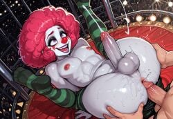 afro ai-created ai_art ai_generated anal_masturbation anus_close-up anus_peek circus clown clown_makeup cumming cumming_from_anal_sex evilex5 femboy gay_sex grabbing_ass green_nail_polish green_nipples legs_apart legs_spread legs_up looking_at_partner looking_up male_on_femboy on_back pale-skinned_femboy pale_skin pink_hair purple_eyes purple_lipstick red_nipples small_balls small_penis wide_eyed