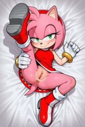 ai_generated amy_rose anthro anus bedsheets blush bottomless clothing female fully_clothed furry green_eyes hedgehog katalystnya laying_down looking_at_viewer pink_fur presenting presenting_pussy pussy red_boots red_dress red_hairband seductive sega simple_background sleeveless_dress small_breasts smile solo sonic_(series) tail two_tone_body updress upskirt white_gloves