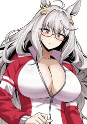 absurdres ahoge animal_ears biwa_hayahide_(umamusume) blush breasts cleavage closed_mouth commentary_request ear_ornament female glasses grey_hair hair_between_eyes hair_ornament highres horse_ears horse_girl jacket large_breasts long_hair long_sleeves partially_unzipped red-framed_eyewear red_jacket red_track_suit semi-rimless_eyewear simple_background solo sweatdrop tracen_training_uniform track_jacket track_suit umamusume under-rim_eyewear upper_body vvernerluniq white_background yellow_eyes