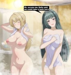 2girls absurdres astra_yao black_hair blonde_hair cleft_of_venus commentary completely_nude english_commentary english_text evelyn_chevalier highres holding holding_towel long_hair looking_at_viewer multiple_girls naked_towel navel nipples nude onsen oxicmar pussy red_eyes speech_bubble steam stomach towel uncensored very_long_hair zenless_zone_zero